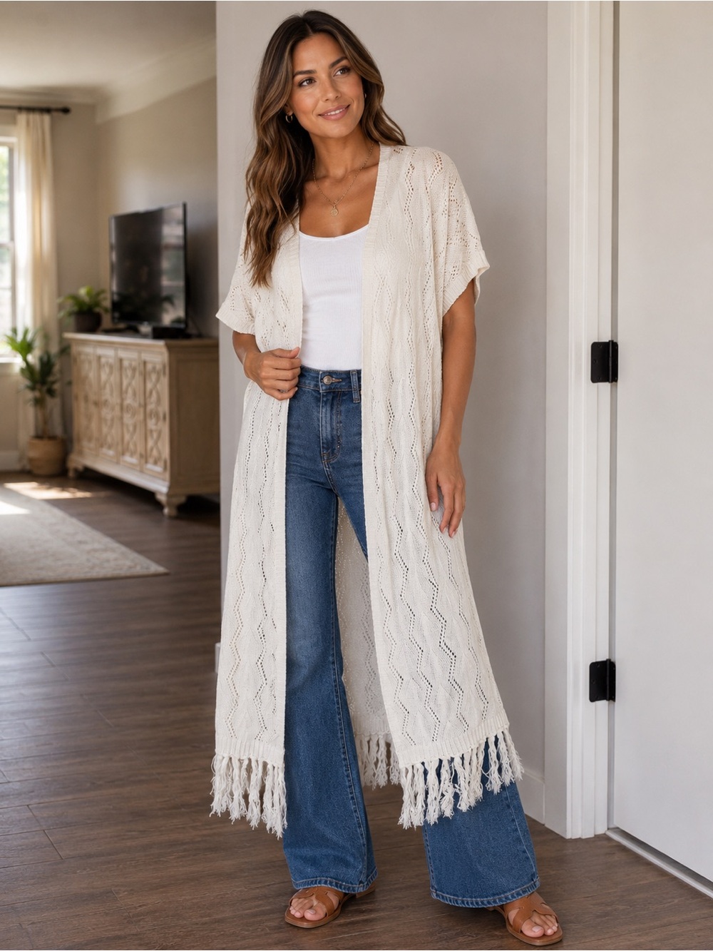 POL Ivory Open Knit Cotton Duster Cardigan | Fringe Hem | Boho Layering | Medium